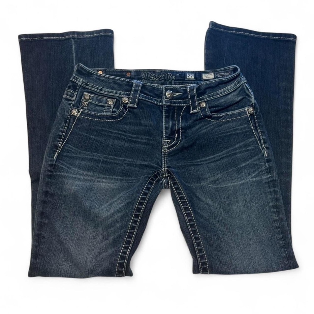 Miss Me y2k Jeans Womens 27 Bootcut Low Rise Dark Wash Distressed Sequin Pocket - Picture 4 of 6